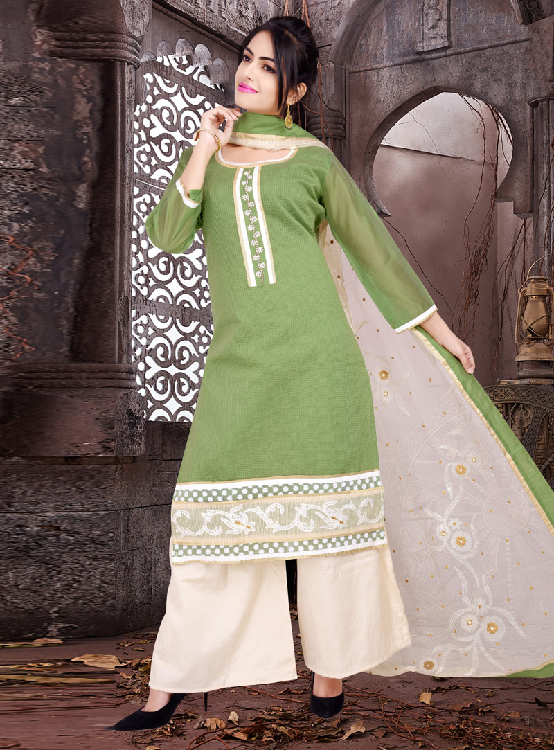 Olive Green Chanderi Silk Pakistani Style Suit 149588