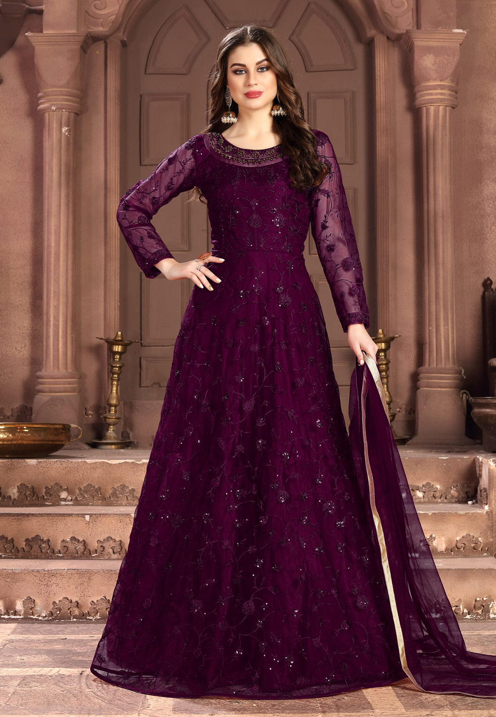 Purple Net Embroidered Abaya Style Anarkali Suit 196071