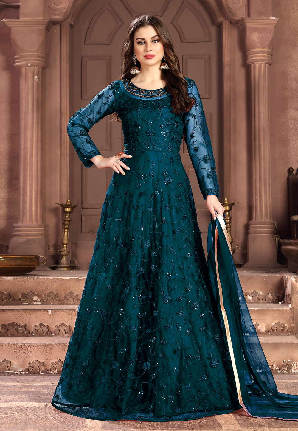 Blue Net Embroidered Abaya Style Anarkali Suit 207275