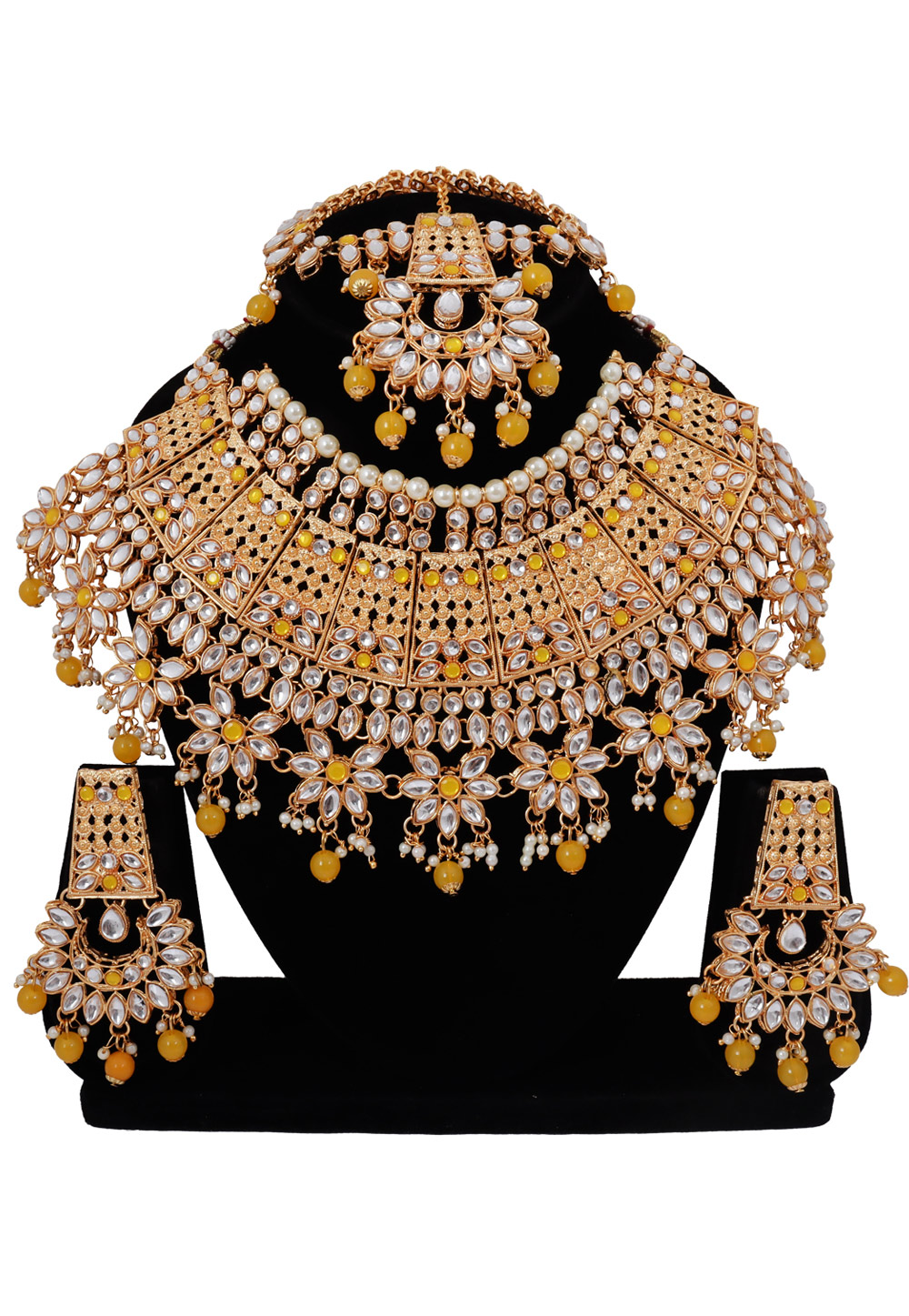 Yellow Alloy Austrian Diamonds and Kundan Necklace Set With Earrings and Maang Tikka 272587