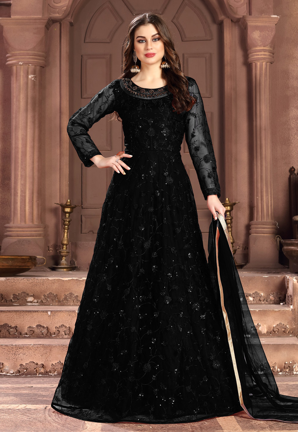 Black Net Embroidered Abaya Style Anarkali Suit 207277