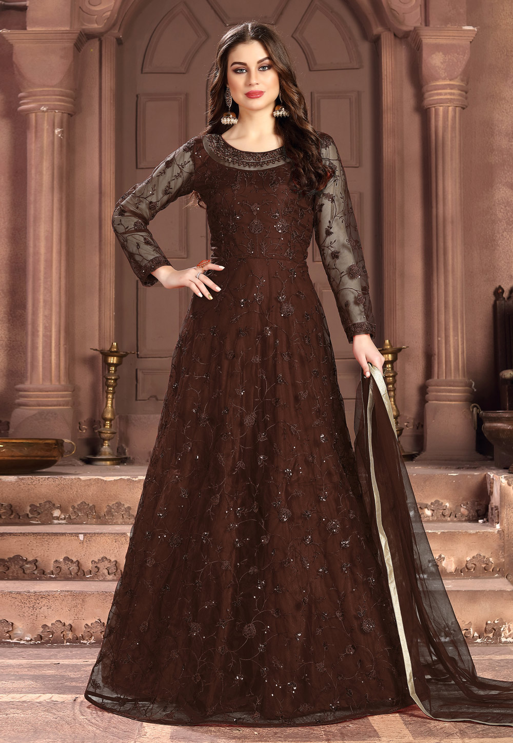 Brown Net Embroidered Floor Length Anarkali Suit 207278