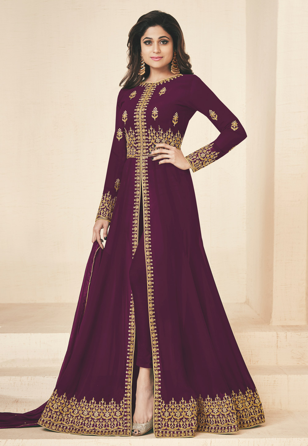 Shamita Shetty Purple Georgette Center Slit Anarkali Suit 157049