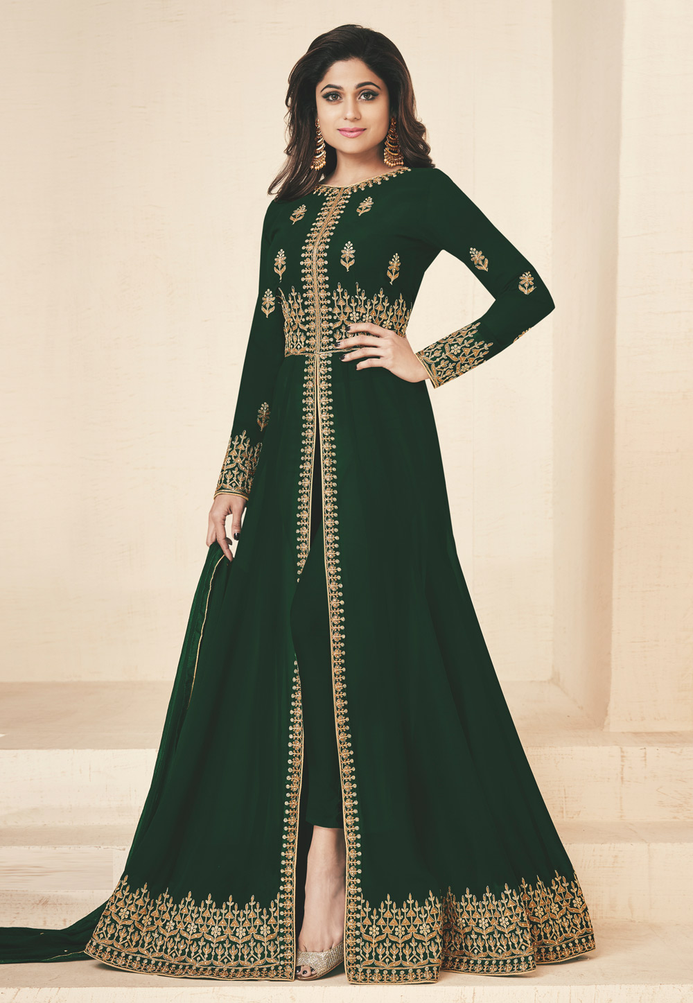 Shamita Shetty Green Georgette Long Anarkali Suit 157051