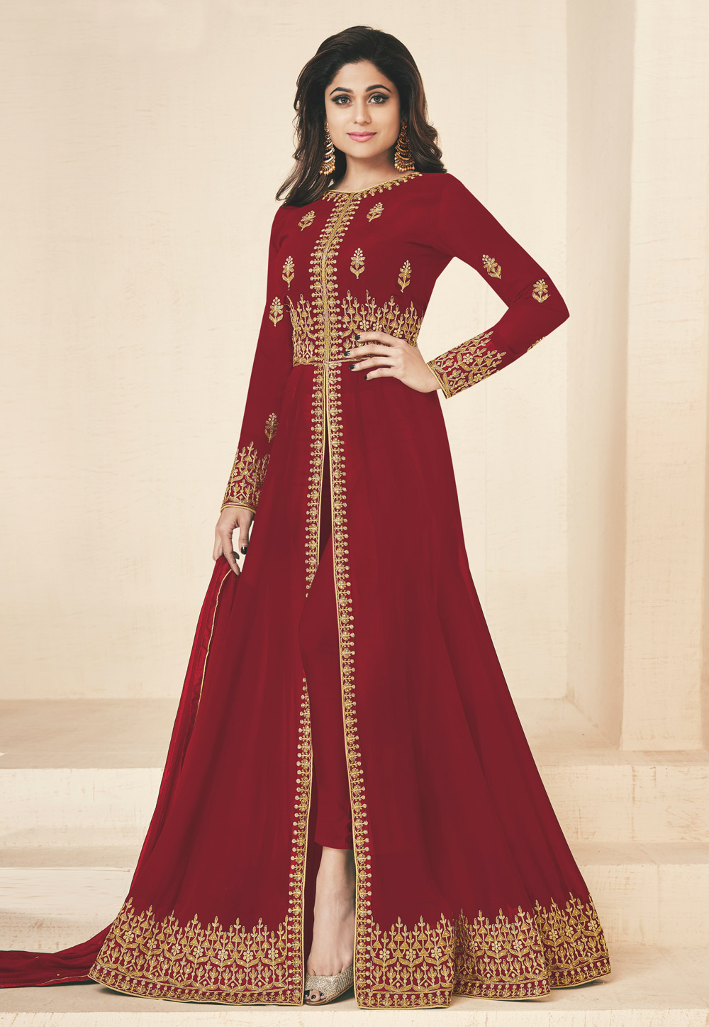 Shamita Shetty Maroon Georgette Center Slit Anarkali Suit 157052