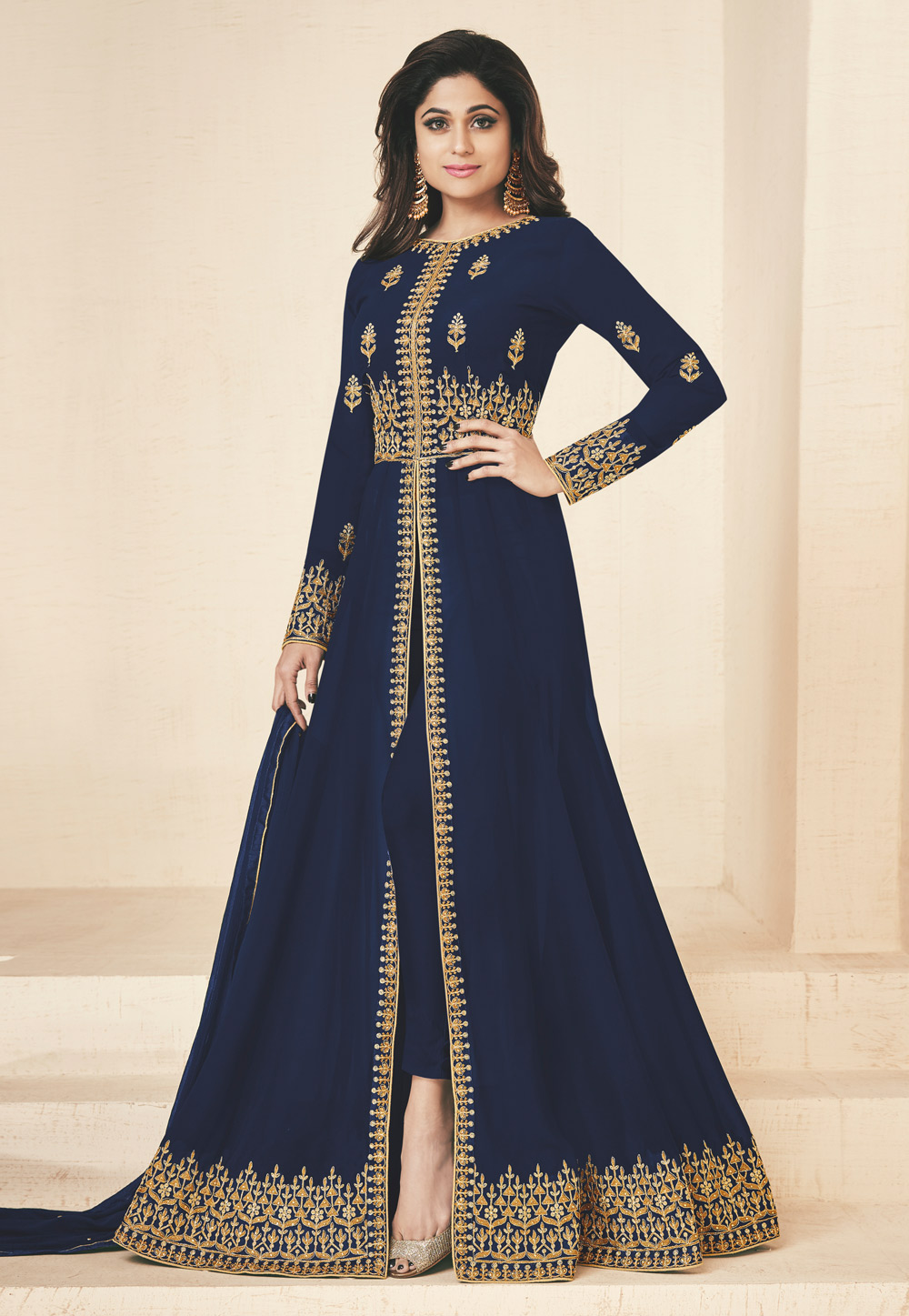 Shamita Shetty Navy Blue Georgette Long Anarkali Suit 157053