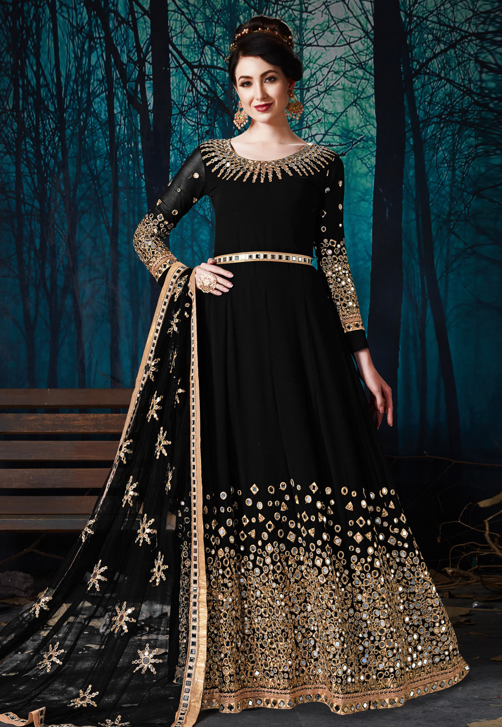 Black Faux Georgette Embroidered Abaya Style Anarkali Suit 177648