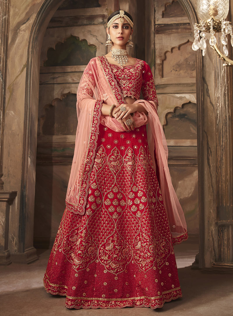 Red Banarasi Silk A Line Lehenga Choli 146256