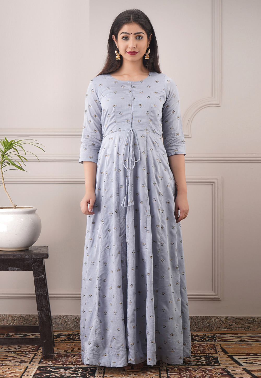 Grey Chanderi Floral Print Gown 246606