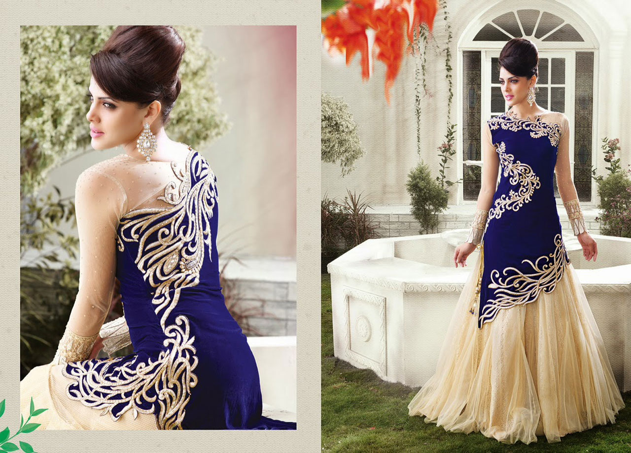 Royal Blue Net Designer Indo Western Lehenga Choli 42917