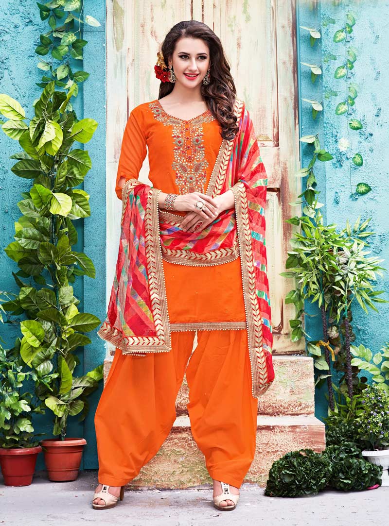 Orange Chanderi Patiala Salwar Suit 86670