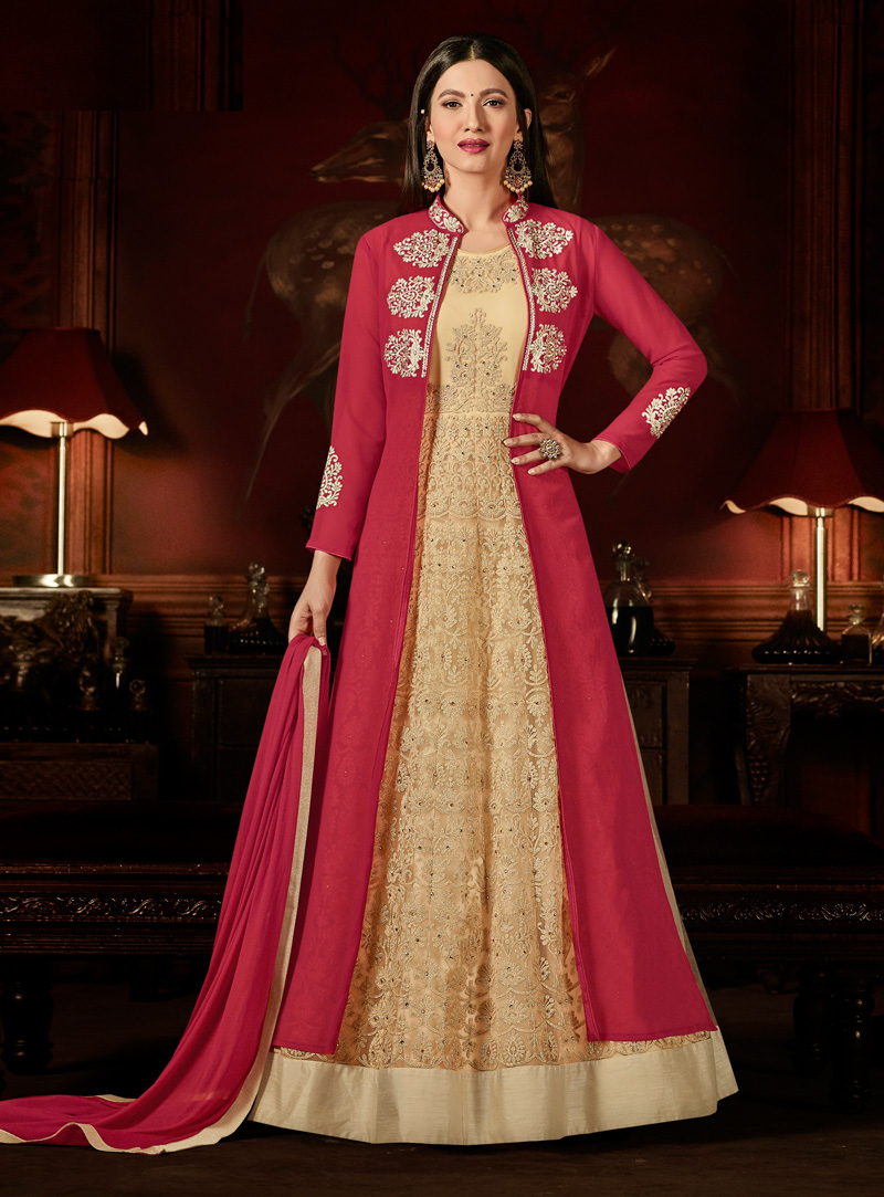 Gauhar Khan Beige Faux Georgette Jacket Style Anarkali Suit 128399