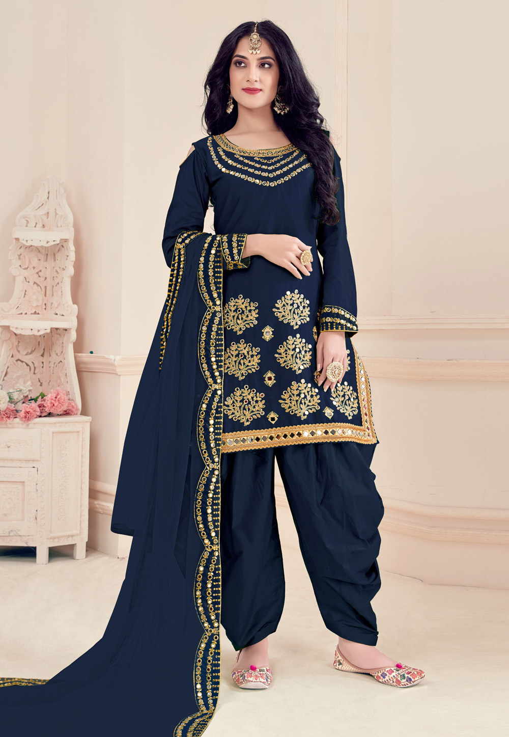 Navy Blue Soft Silk Punjabi Suit 238424