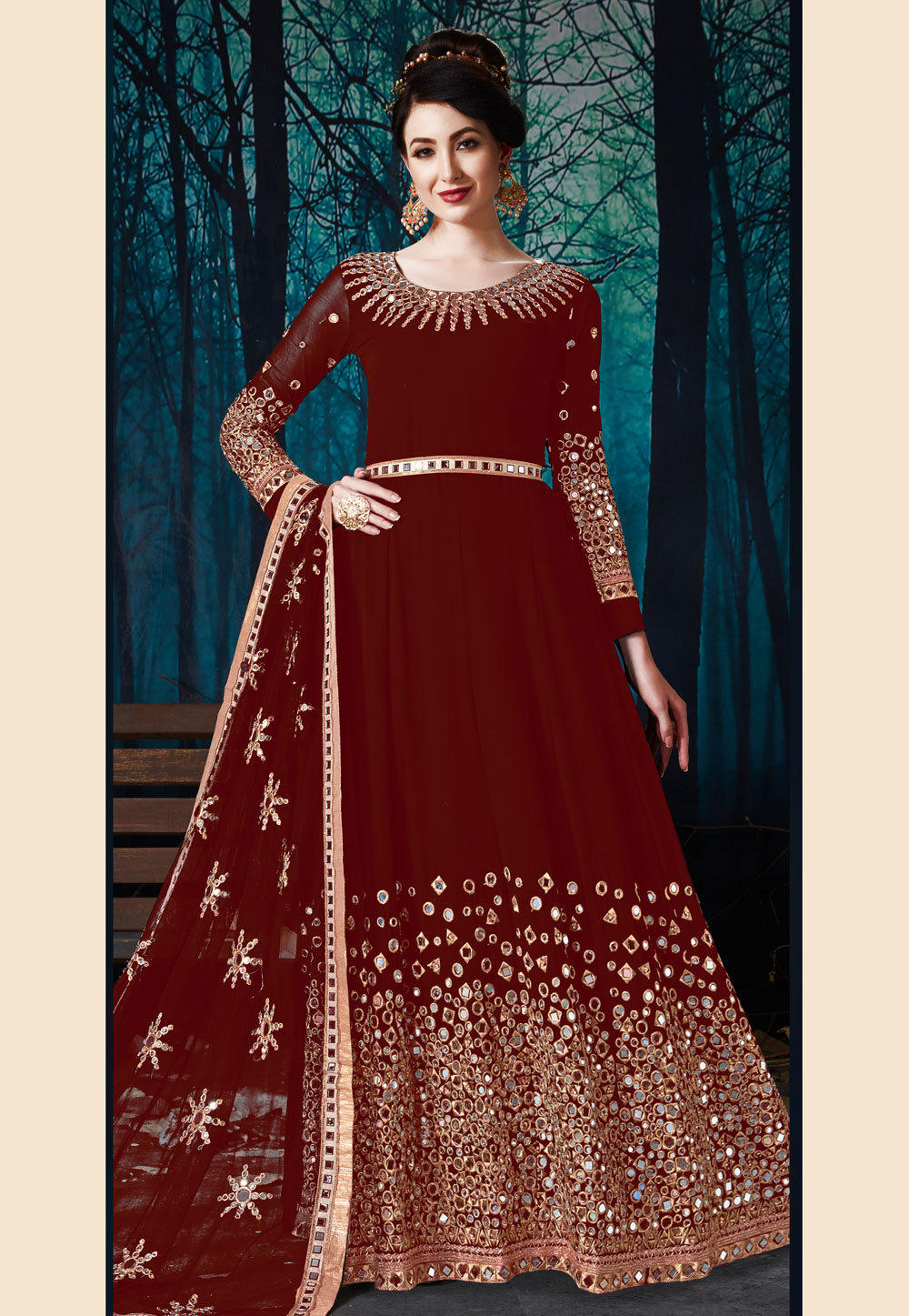 Maroon Faux Georgette Embroidered Long Anarkali Suit 177649