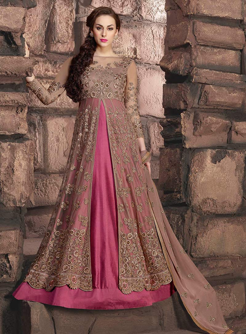 Pink Banarasi Silk Designer Anarkali Suit 90023