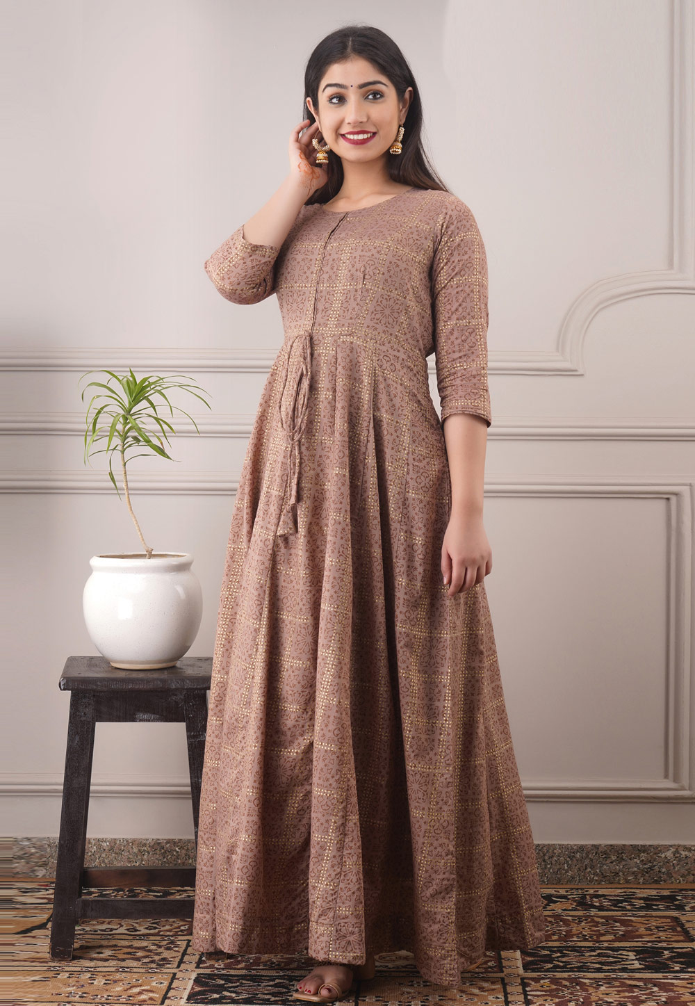 Brown Chanderi Printed Gown 246607