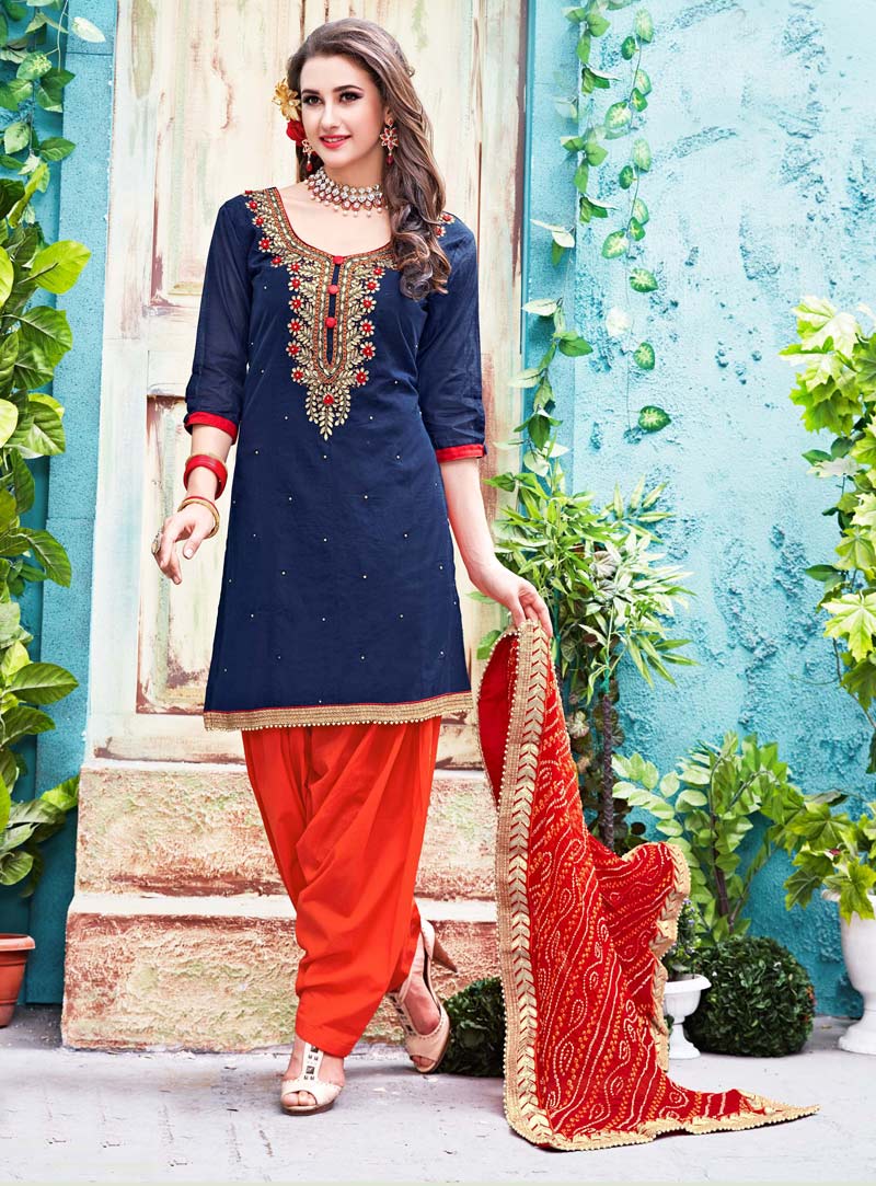 Navy Blue Chanderi Punjabi Suit 86671