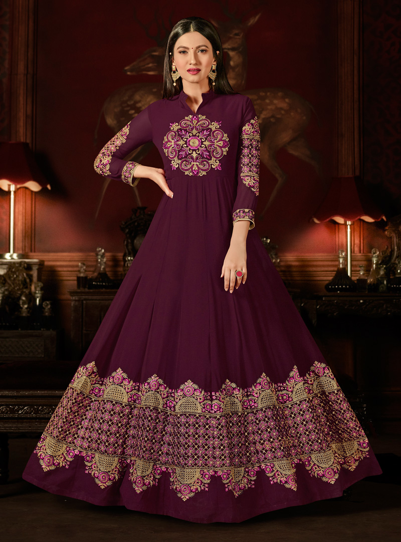 Gauhar Khan Purple Faux Georgette Long Anarkali Suit 128400