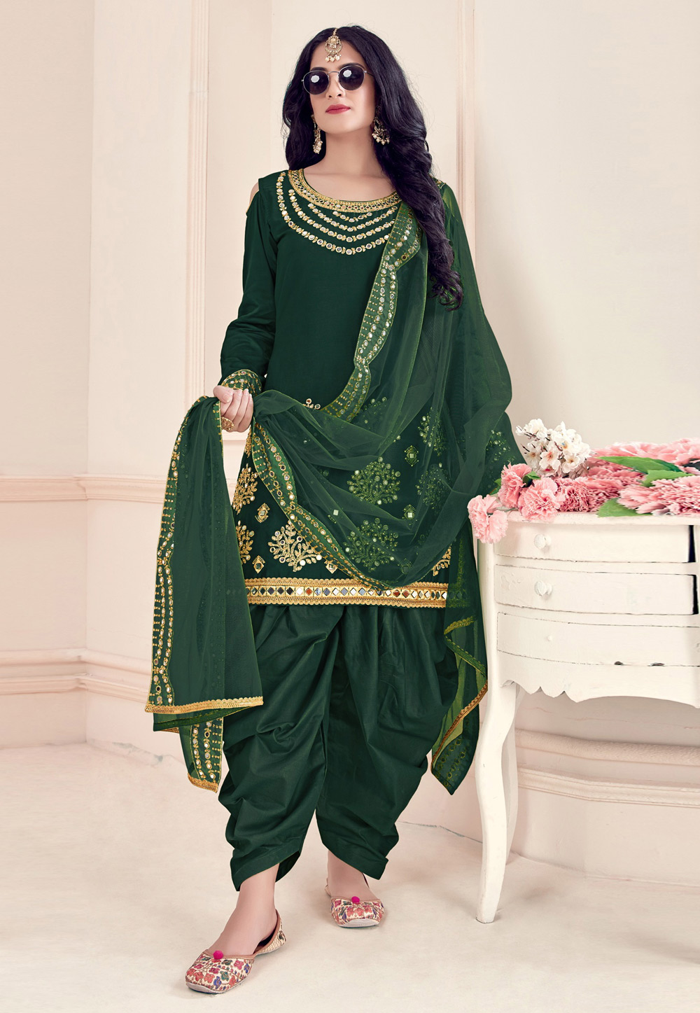 Green Soft Silk Patiala Suit 238425
