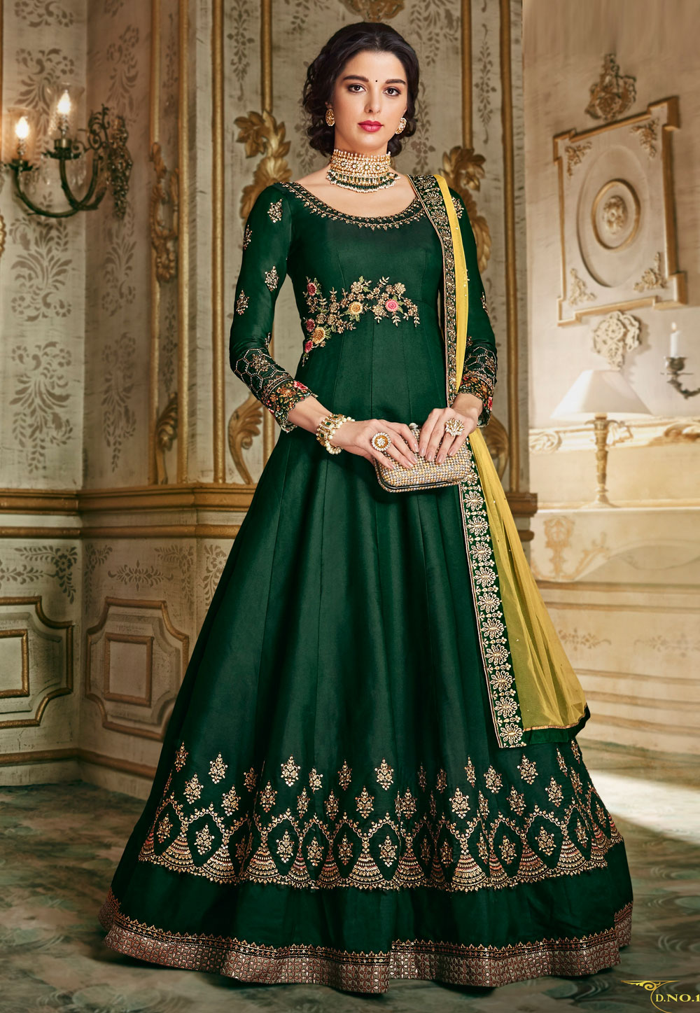 Green Barfi Silk Embroidered Abaya Style Anarkali Suit 167067