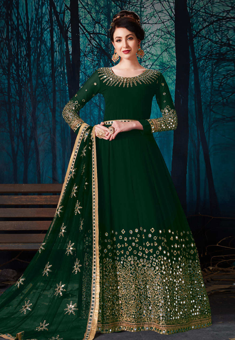 Green Faux Georgette Embroidered Abaya Style Anarkali Suit 177650