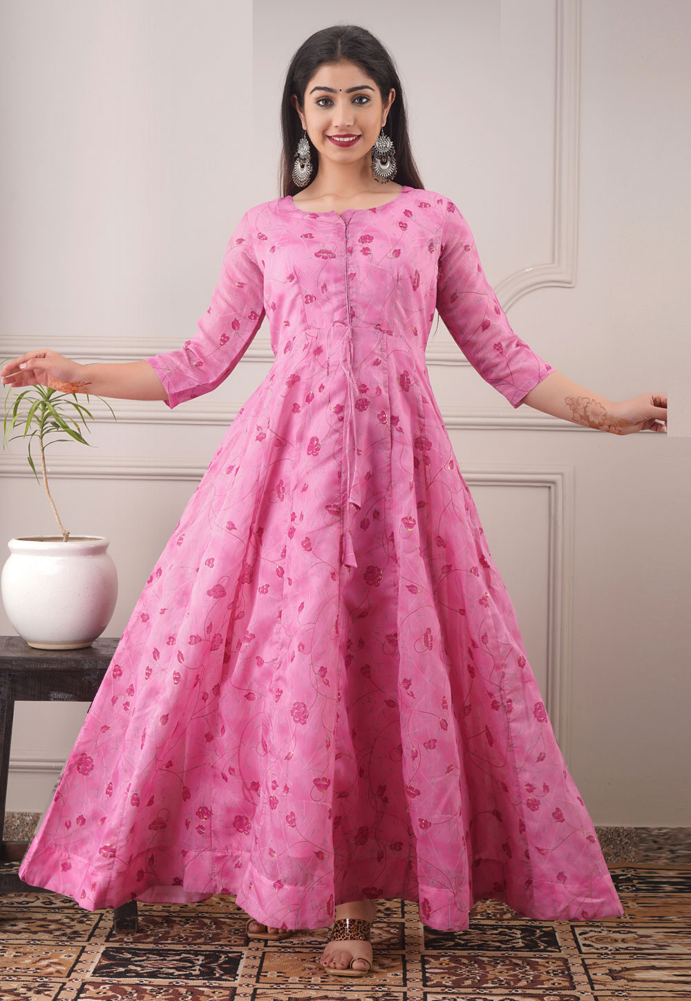 Pink Chanderi Floral Gown 246608