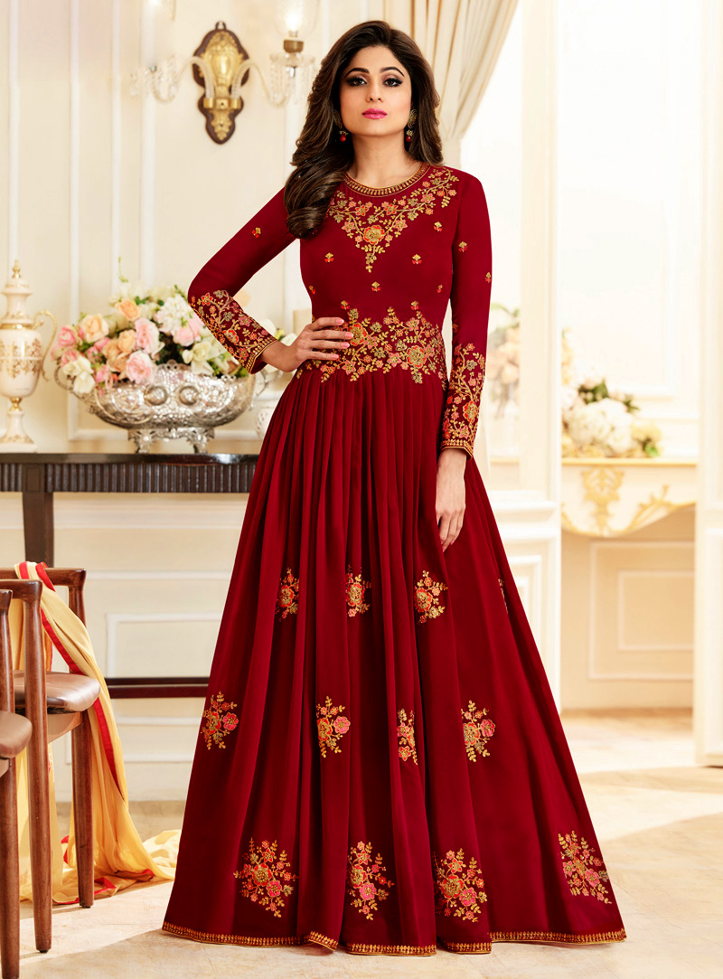 Shamita Shetty Maroon Georgette Floor Length Anarkali Suit 127935