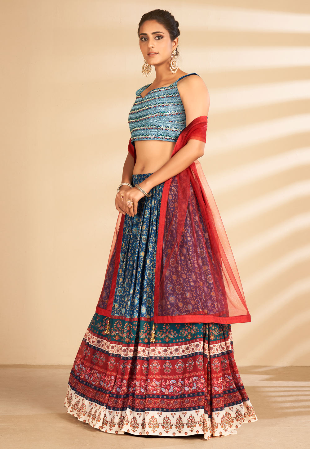 Art Silk Blue and Red Lehenga Choli buy online - Wedding Lehenga Choli