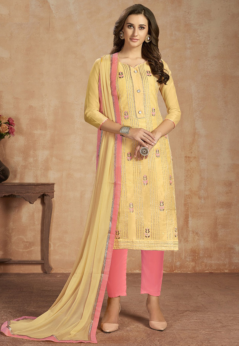 Yellow Cotton Kameez With Pant 206247