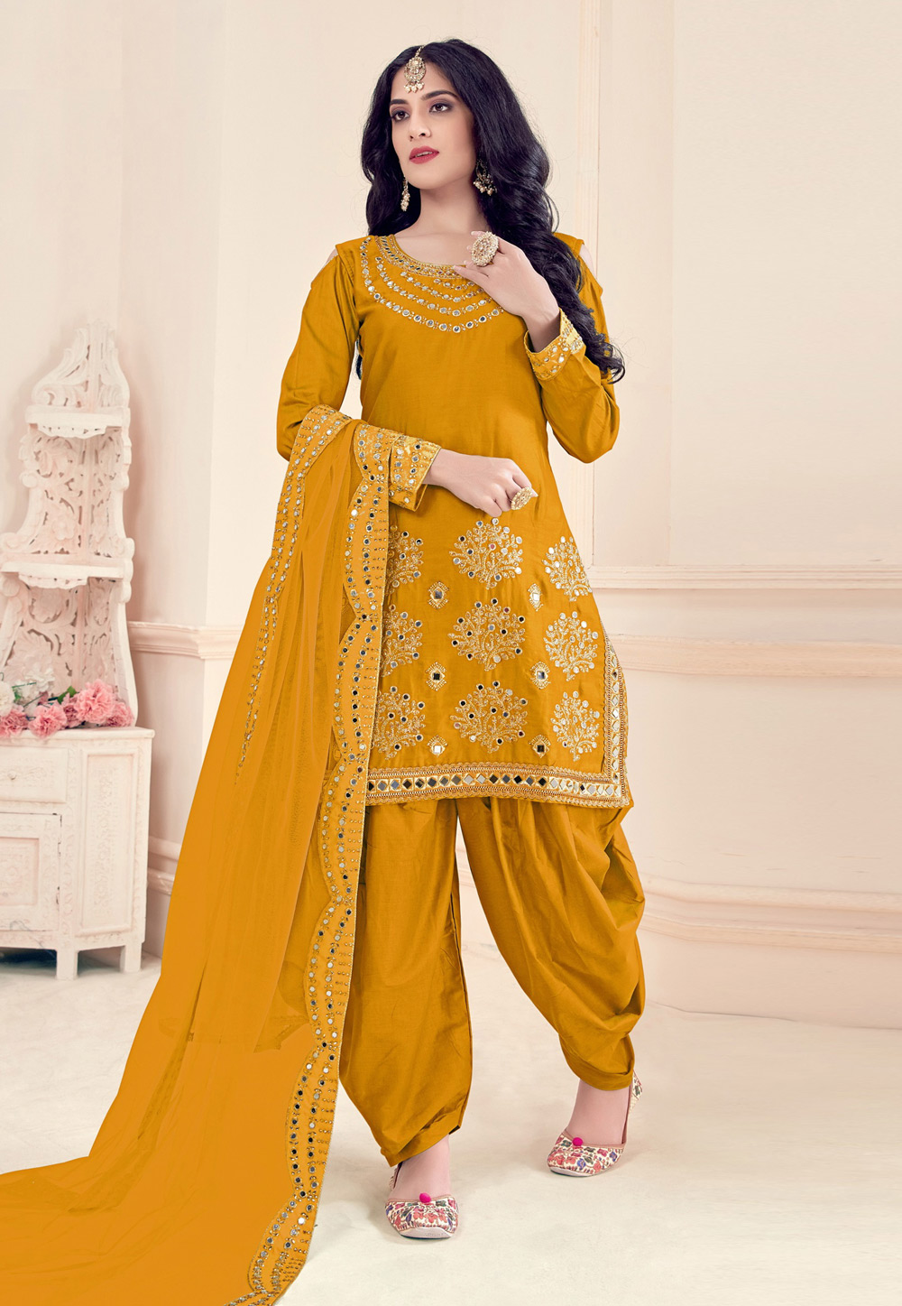 Mustard Soft Silk Punjabi Suit 238426