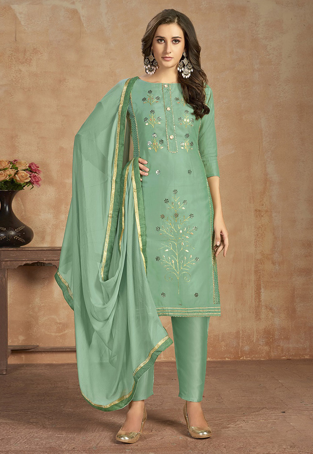 Sea Green Cotton Kameez With Pant 206249