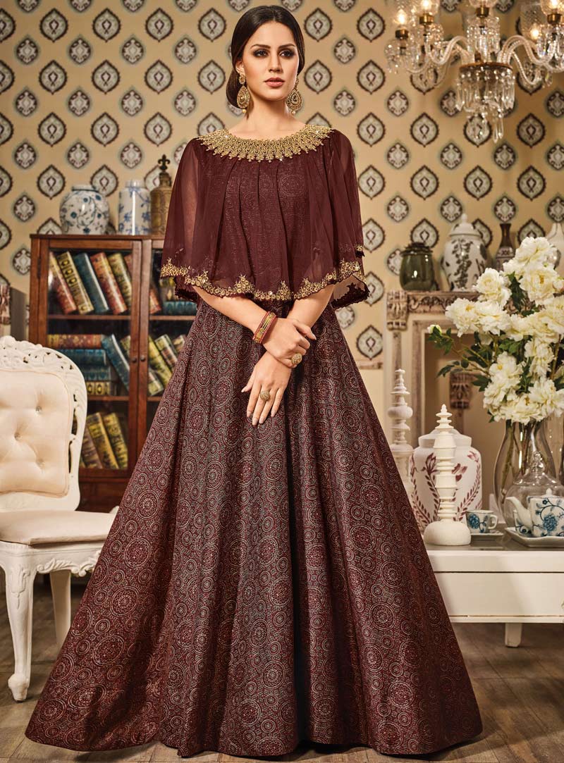 Brown Silk Floor Length Anarkali Suit With Cape 89055