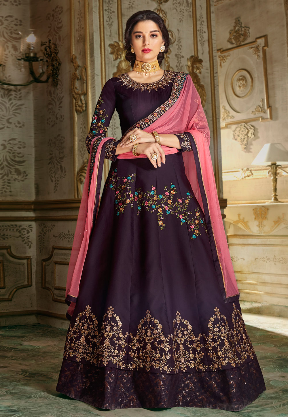 Purple Barfi Silk Embroidered Floor Length Anarkali Suit 167068