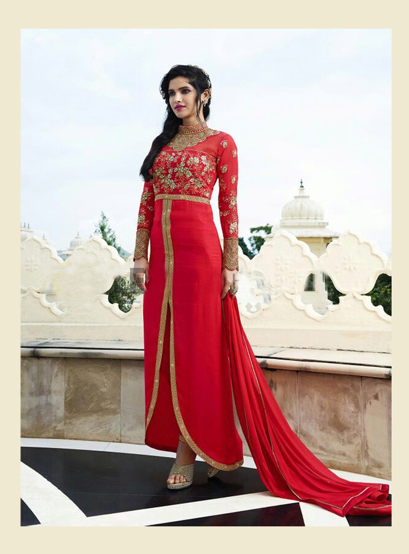 Red Georgette Pant Style Suit 77267