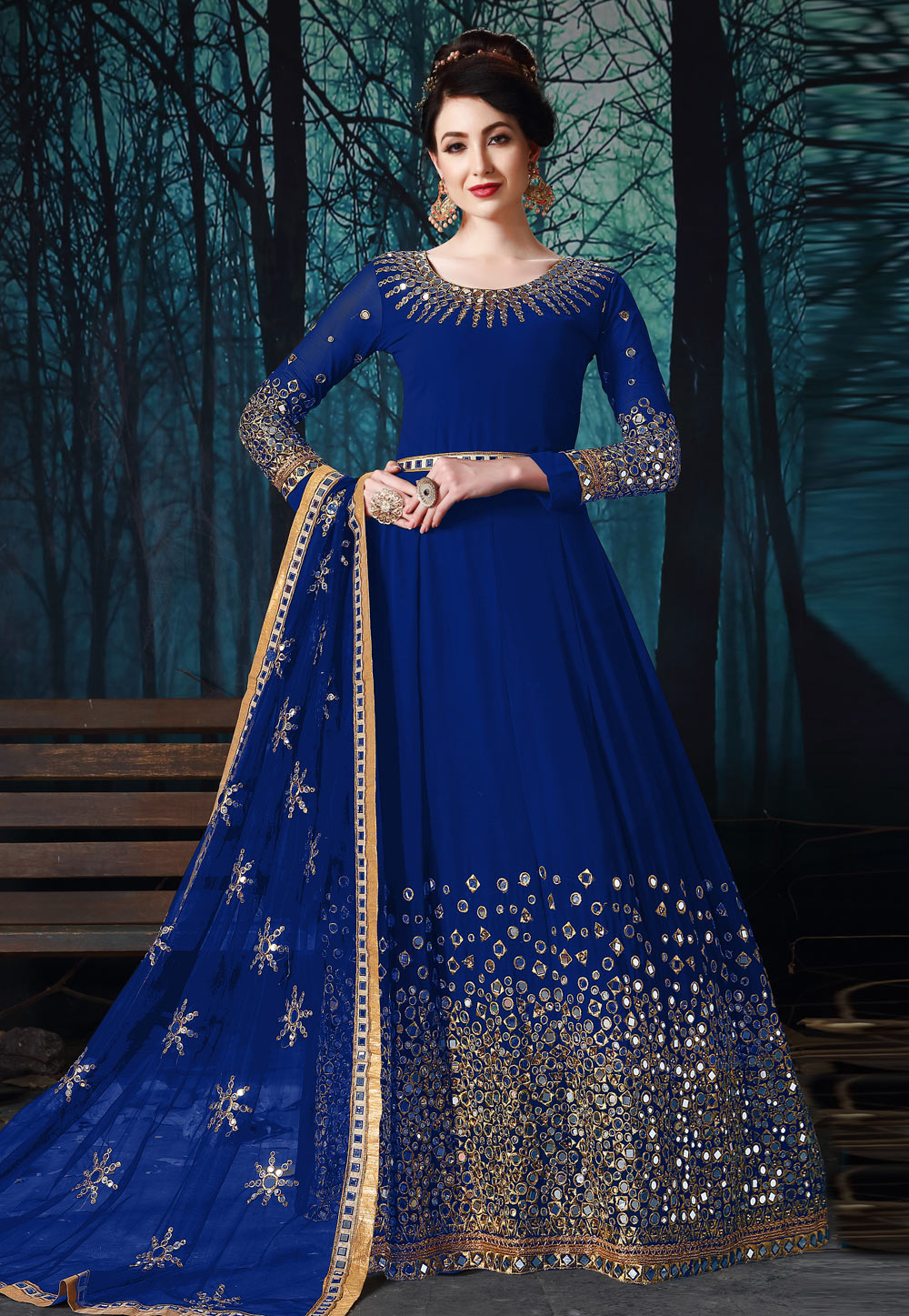 Blue Faux Georgette Embroidered Long Anarkali Suit 177651