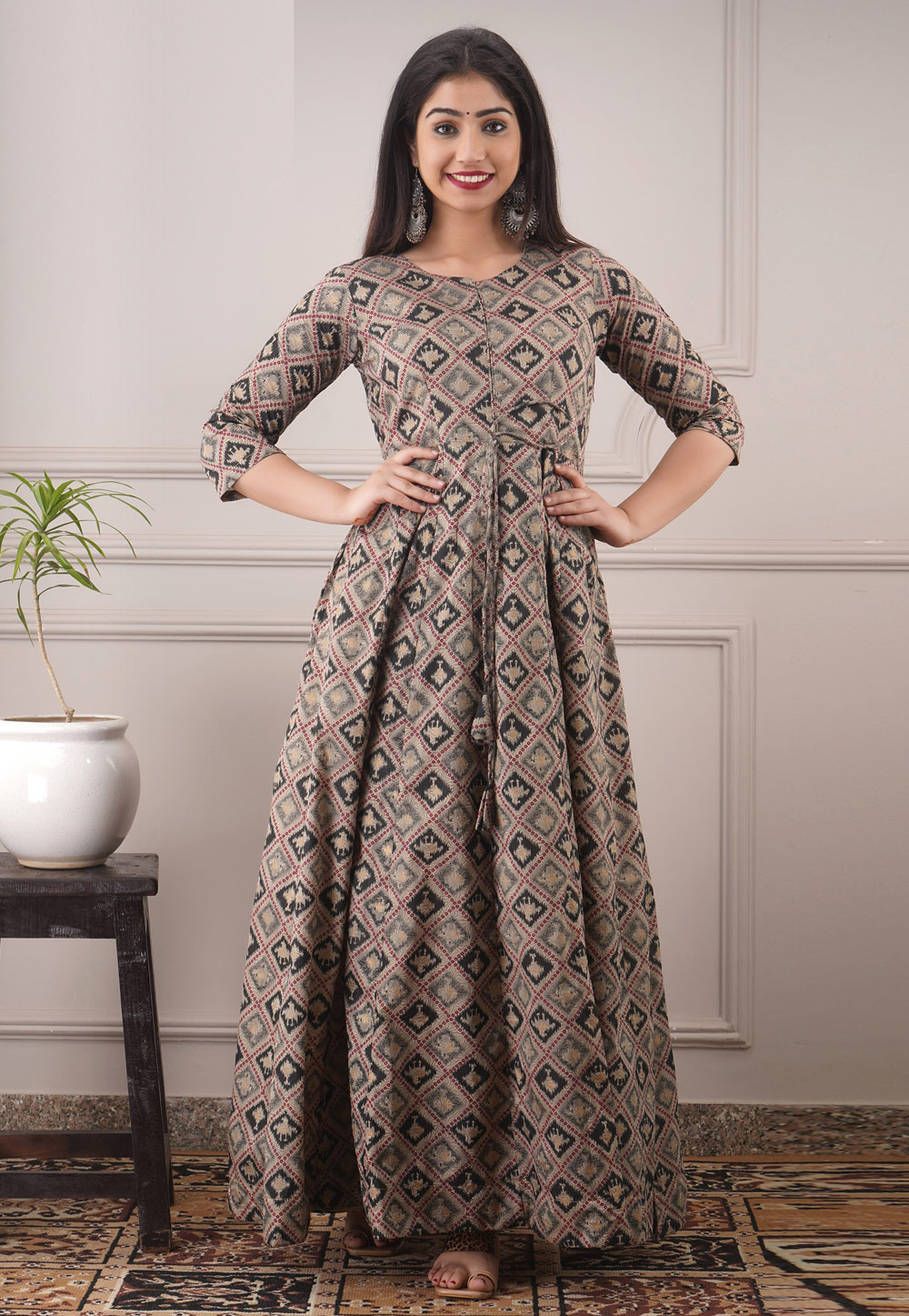 Brown Chanderi Printed Gown 246609