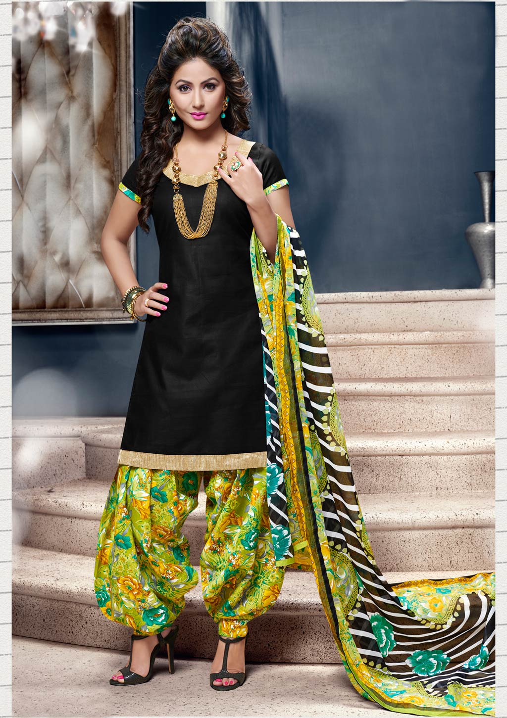 Hina Khan Black Cotton Punjabi Suit 59878