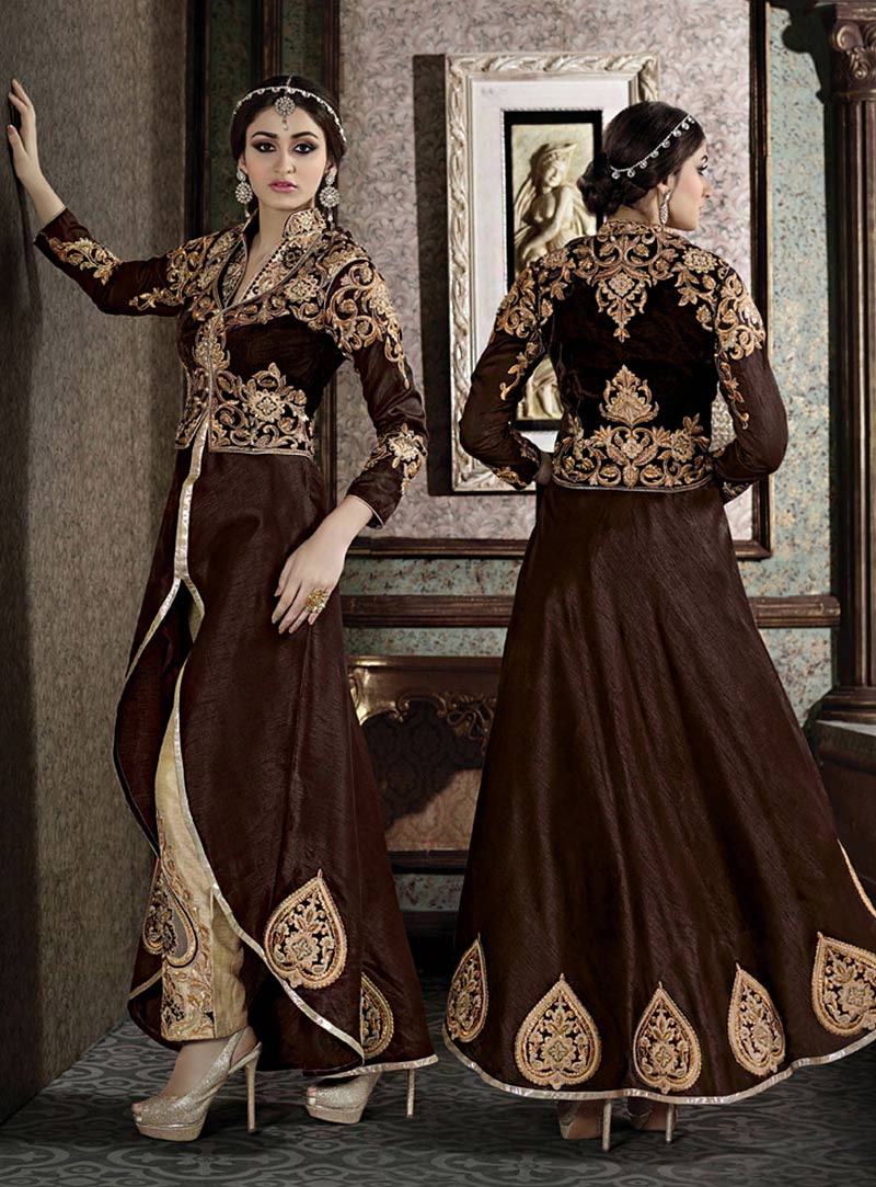 Brown Silk Pakistani Style Suit 70555