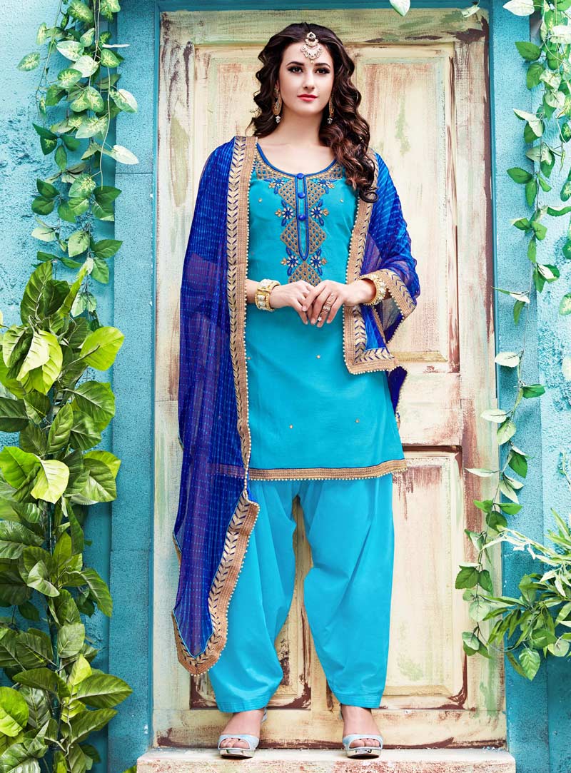 Blue Chanderi Patiala Salwar Suit 86674