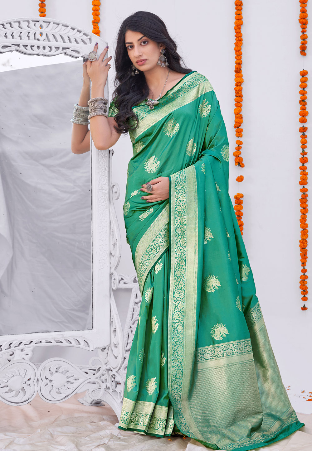 Sea Green Banarasi Silk Saree With Blouse 243176