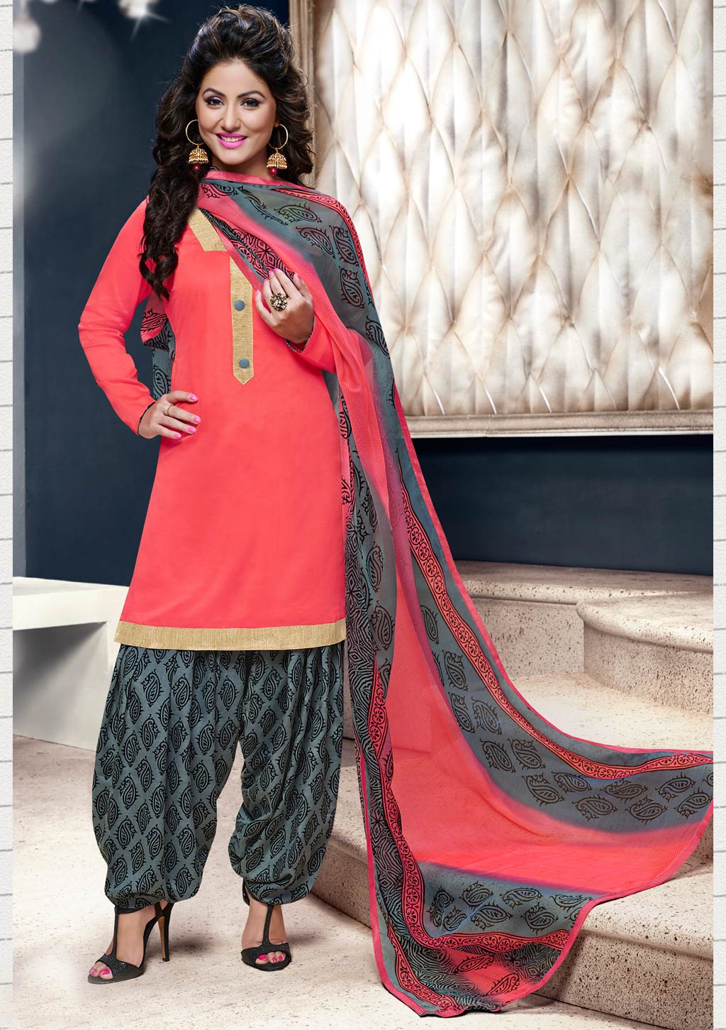Hina Khan Peach Cotton Punjabi Suit 59867
