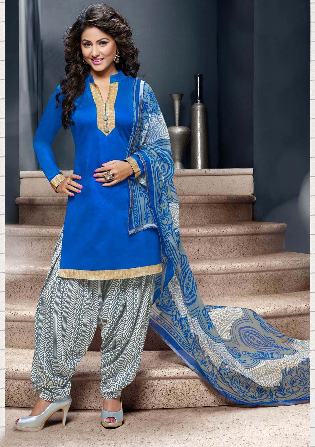 Hina Khan Blue Cotton Punjabi Suit 59868