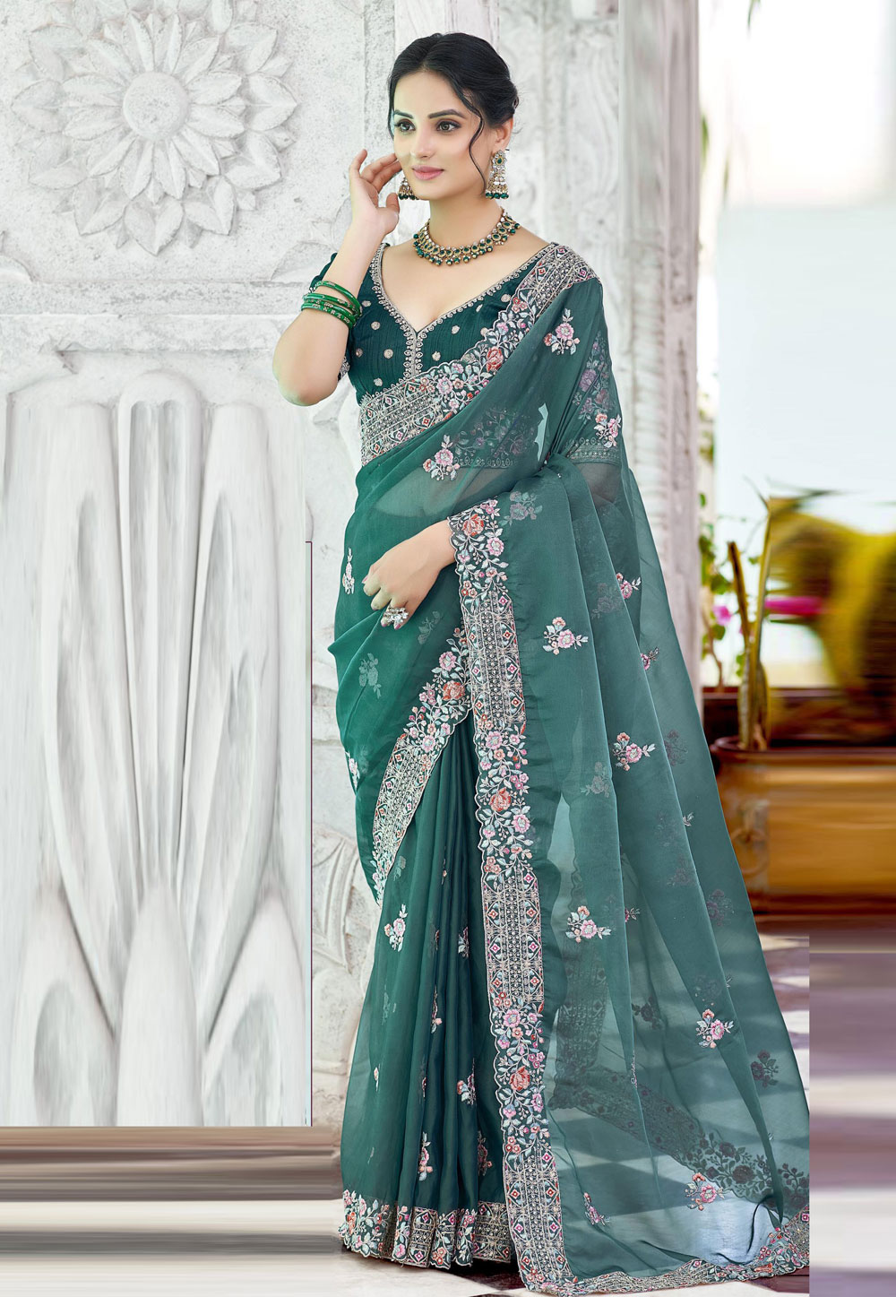 Green Organza Saree With Blouse 273321