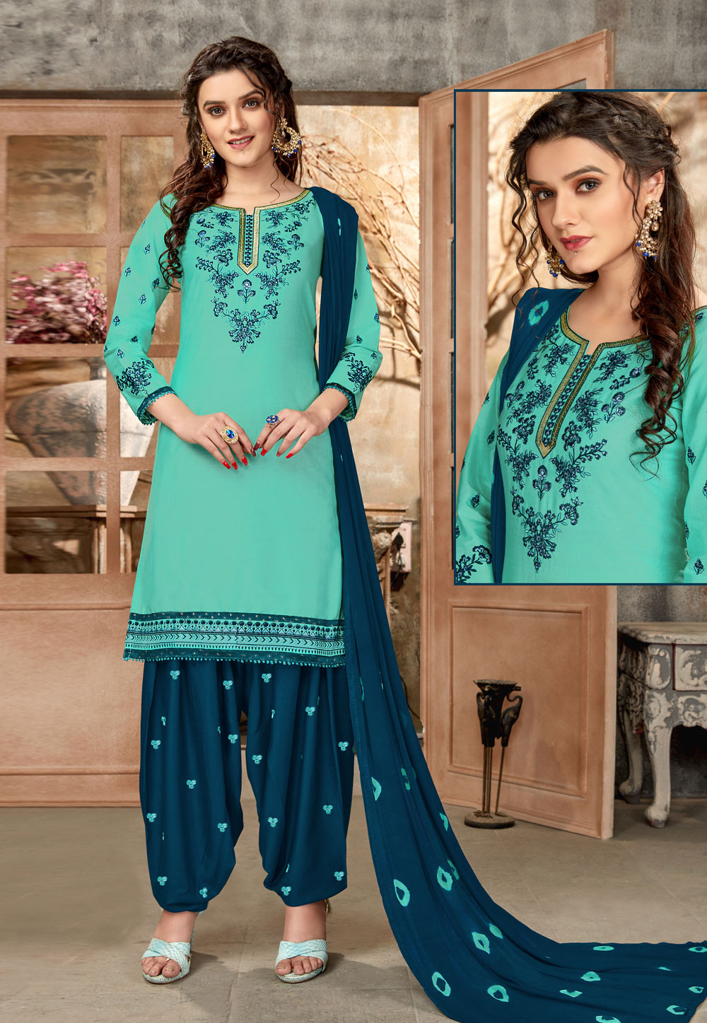 Turquoise Cotton Punjabi Suit 217268