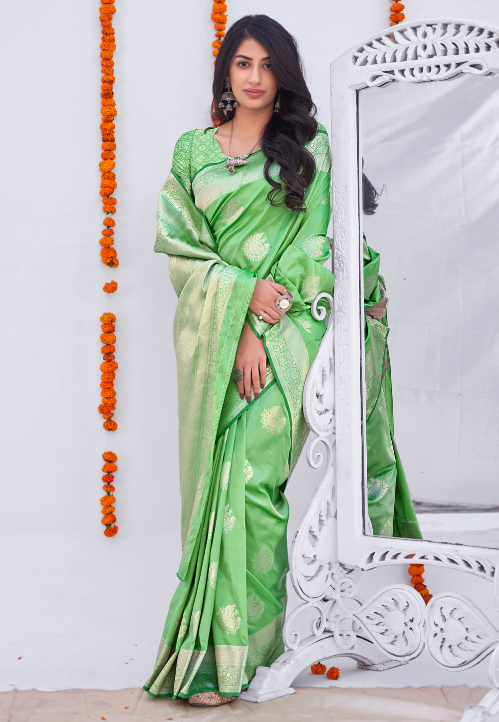 Light Green Banarasi Silk Saree With Blouse 243178