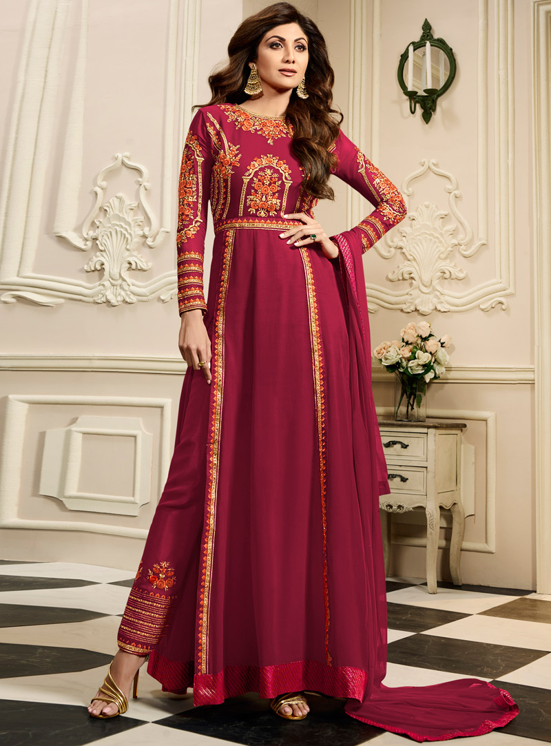Shilpa Shetty Magenta Georgette Pant Style Suit 94853