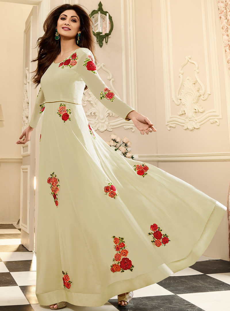 Shilpa Shetty Off White Georgette Ankle Length Anarkali Suit 94854