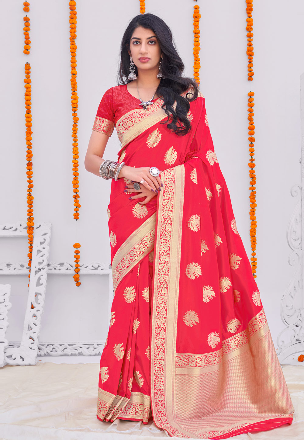 Red Banarasi Silk Saree With Blouse 243180