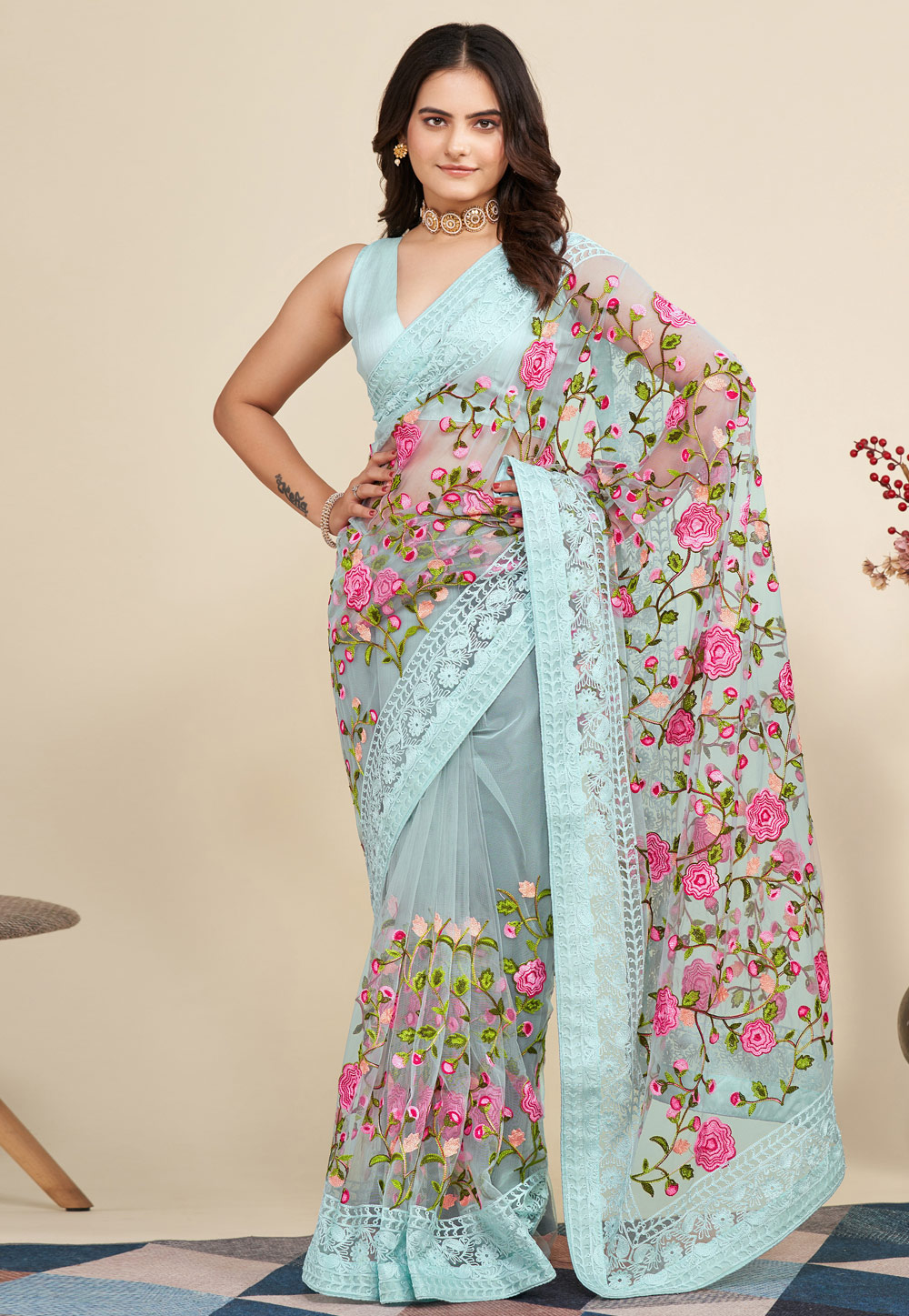Sky Blue Soft Net Saree With Blouse 270382