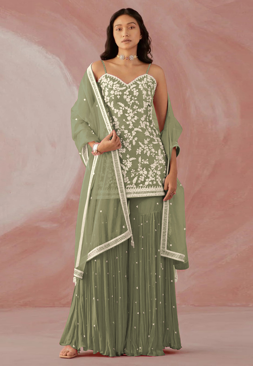 Camo Green Faux Georgette Sharara Suit 247623